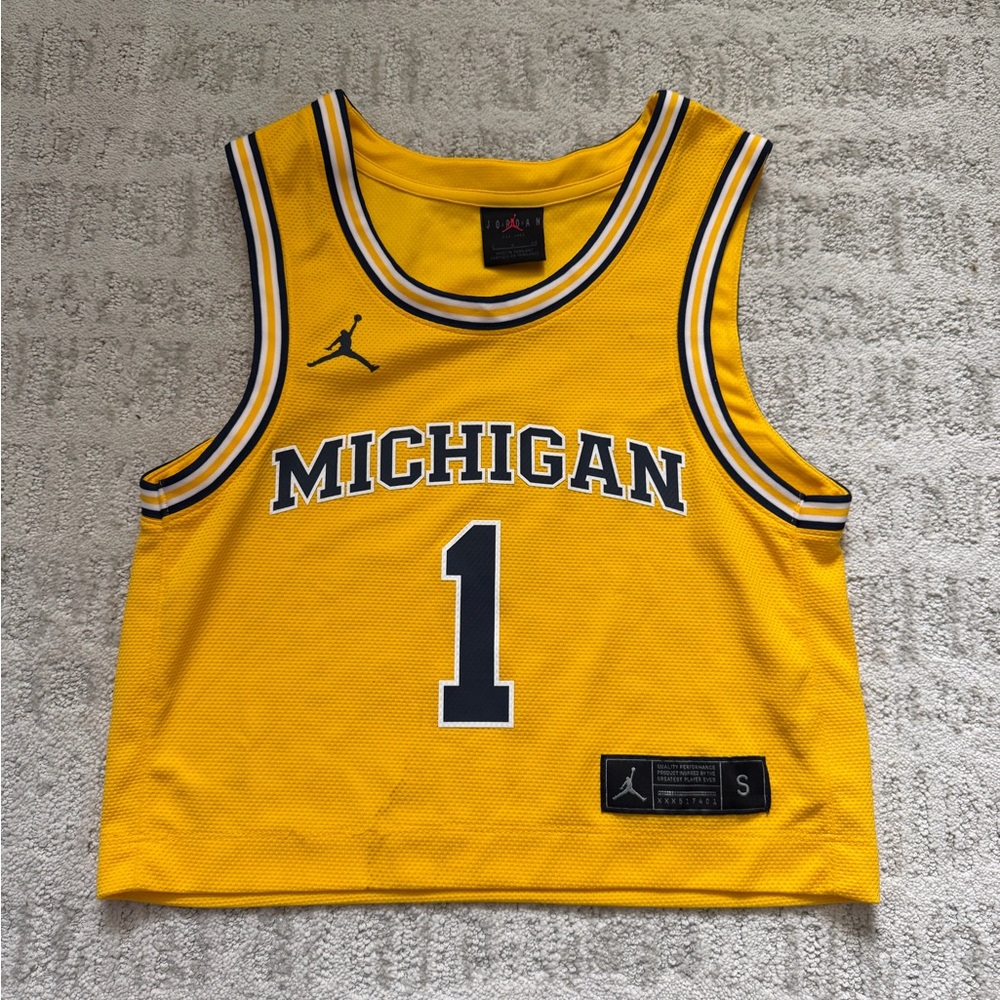 Jordan Yellow Michigan Crop Basketball Jersey with Navy Accents